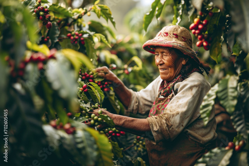 Columbia mature woman harvesting coffee bean in the coffee field photo
