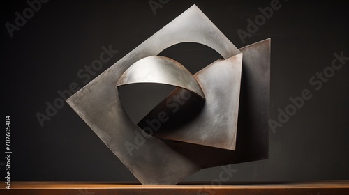 An abstract metal sculpture, characterized by sharp angles and clean lines. The piece exudes a sense of modernity and precision.