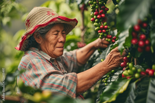 Columbia mature woman harvesting coffee bean in the coffee field photo