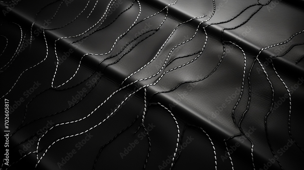 white stitching on black leather one line photography - obrazy, fototapety, plakaty 