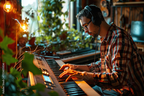Young artist playing electric piano in his comfortable home and wearing headphones photo