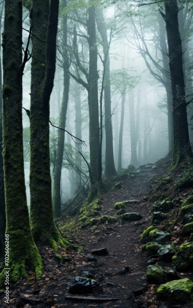 Secluded Forest Walkway on a Mist-Laden Night