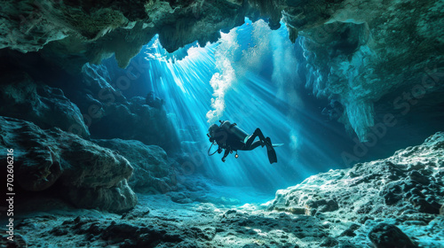 scuba diver in the cave underwater photo