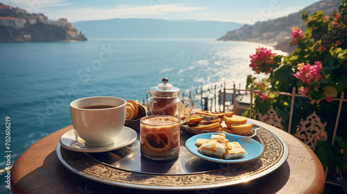 Turkish breakfast with coffee ocean view