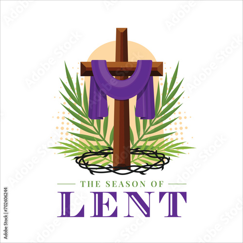 The season of LENT - Wood cross crucifix with purple cloth and plam leave thorns vector design