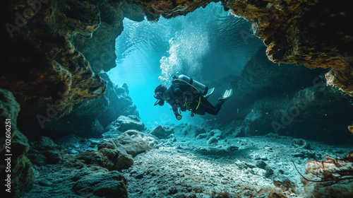 scuba diver in the cave underwater