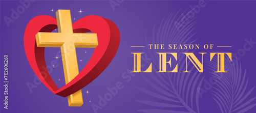 The season of LENT - Gold 3D cross crucifix with red heart ring cross around on purple background vector design