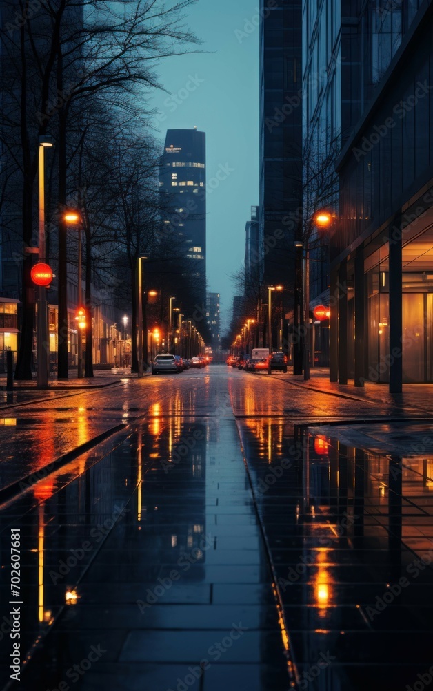 Scene of a Still Urban Avenue at Night