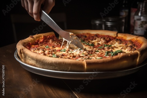 Chicago style pizza served on a baking sheet and sliced. photo