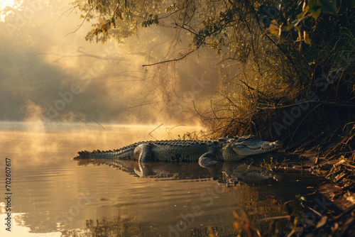 A crocodile resting on a sunlit riverbank, with mist rising from the water's surface