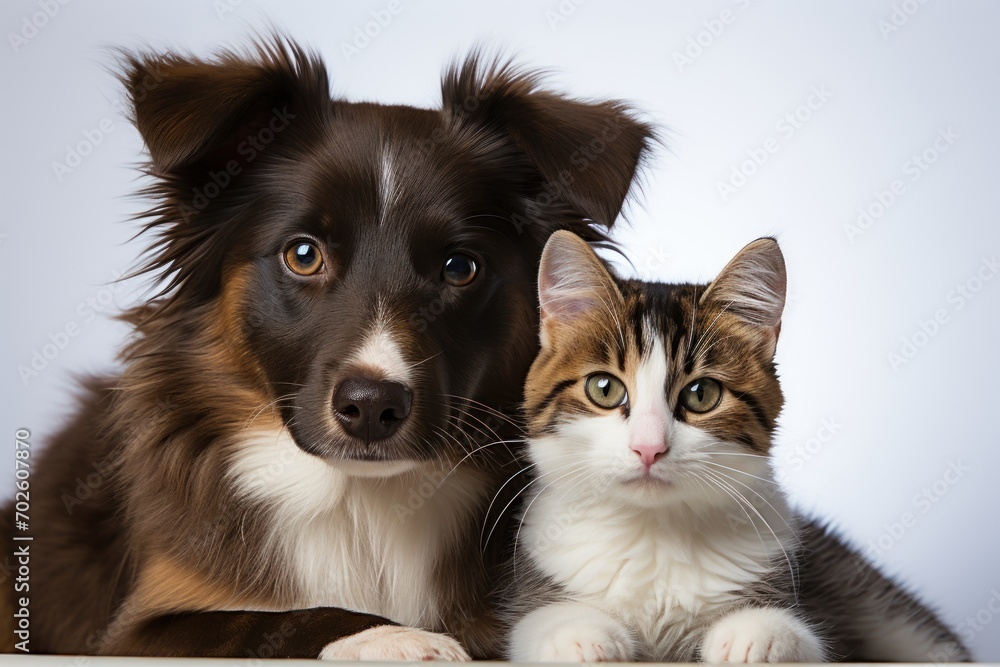 Adorable puppy and kitten seated on a white backdrop, pet photography Adorable puppy and kitten seated on a white backdrop, pet photography