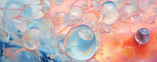 Water drops or oil bubbles on blue background. panorama picture.