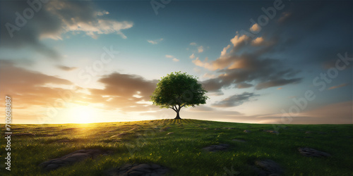 tree in the green field at the beautiful sunset sky