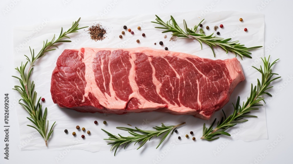 Top View. Raw beef steak with rosemary and spices for cooking on white background. Top View. Raw beef steak with rosemary and spices for cooking on white background.