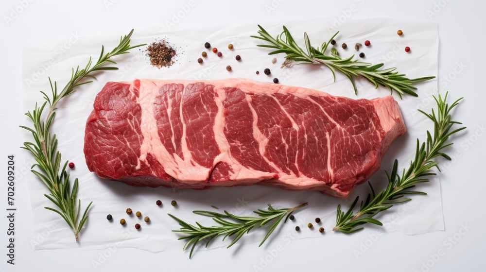 Top View. Raw beef steak with rosemary and spices for cooking on white background.