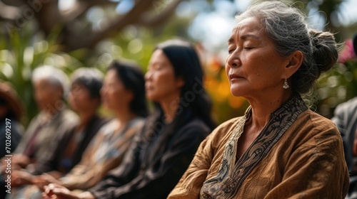 An image of a peaceful meditation session in a tranquil outdoor setting, with people of all ages participating International Day of Happiness photo