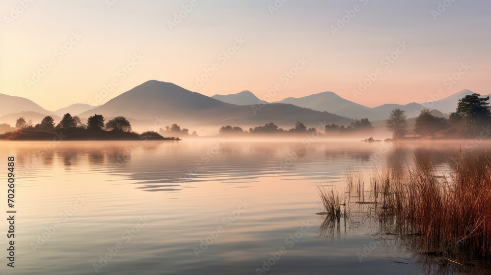 Dawn's Serenity Lakeside Tranquility with Soft Sunrise Hues and Distant Peaks