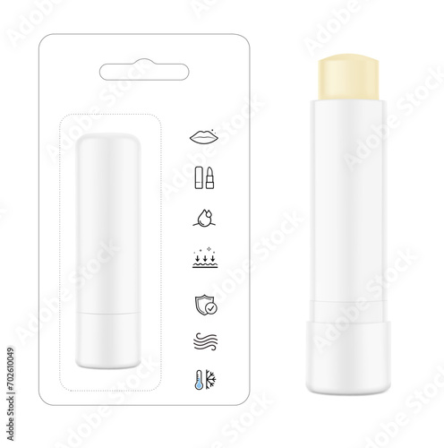 Lipstick care tube mockup with blister packaging. Front view. Vector illustration isolated on white background. Can be use for your design, advertising, promo and etc. EPS10.