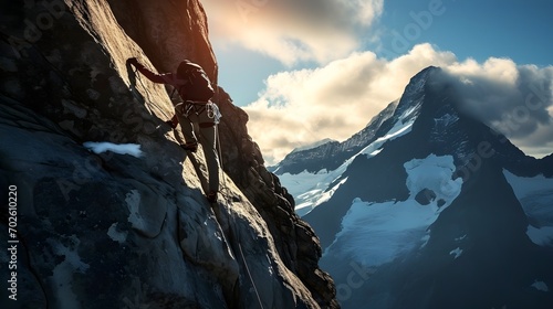 Steile Herausforderung: Der Bergsteiger auf dem Weg nach oben photo