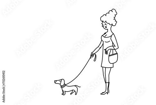 Lady with a dog. Vector linear doodle drawing.