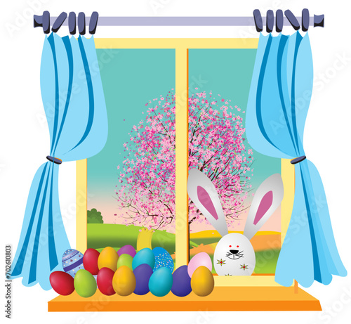 Easter composition with Easter eggs, bunny and window