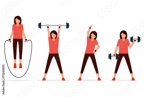 Women who are exercising to stay healthy. Physical training. Exercise equipment. stretching, jumping rope, weight lifting, and sports. Vector illustration flat design style