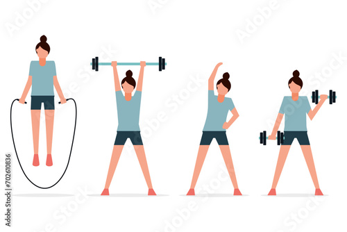 Women who are exercising to stay healthy. Physical training. Exercise equipment. stretching, jumping rope, weight lifting, and sports. Vector illustration flat design style