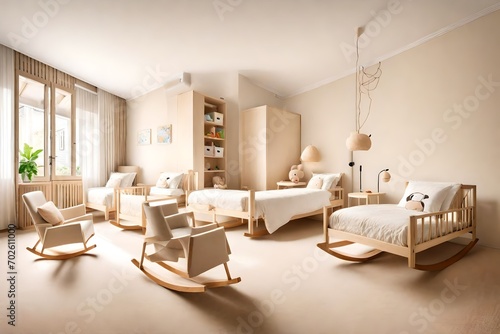 Spacious Kids bedroom with light beige walls, two small beds and white rocking armchair