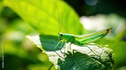 Green Grasshopper Perched on a Leaf