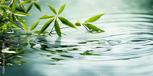 Tranquil spa banner with serene bamboo leaves over rippling water bathed in soft sunlight  embodying calm and purity