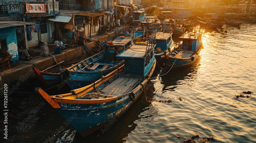Aerial Photography, traditional fishing boats in a bustling Asian harbor, early morning, colorful wooden boats, rustic charm
