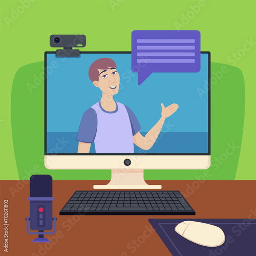 Computer showing video with man. Microphone, webcamera and speech bubble. Live video broadcasting, vlogging concept