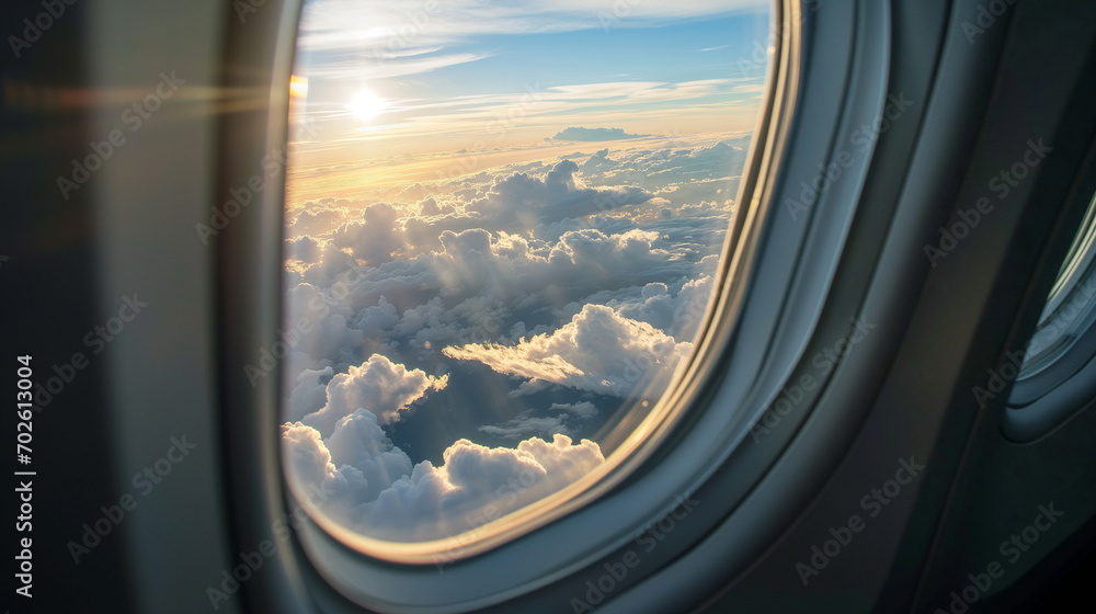 The inside of the airplane offers a view of clouds and the blue sky through the window - Generative AI