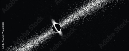 Black hole with disc of plasma and ray burst. Supermassive singularity in core off a galaxy, with noise texture . Event horizon .Vector illustration