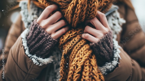 I'm wearing a padded jacket, Woman's hand holding knitted scarf - Generative AI
