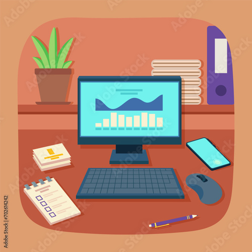 Computer and stationery on office desk vector illustration. Smartphone, post-it-notes, pen, checklist, green plant, documents on table. Businessman workplace concept