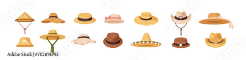 Straw hats set. Summer head accessories. Headwear with brim in country, farmer, beach, cowboy, Mexican, Asian style. Sun panama, sombrero. Flat graphic vector illustration isolated on white background