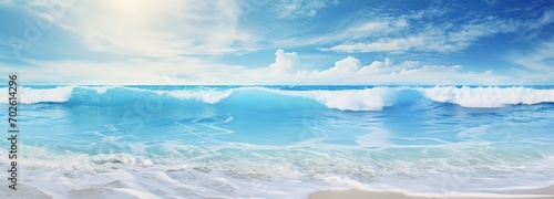 photo of ocean waves with blue water and beautiful sand. generative AI