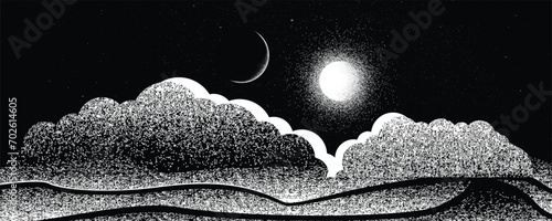 Star and planet in space. Futuristic landscape, with noise texture . Night landscape with starry sky and clouds .Vector illustration, screen print texture