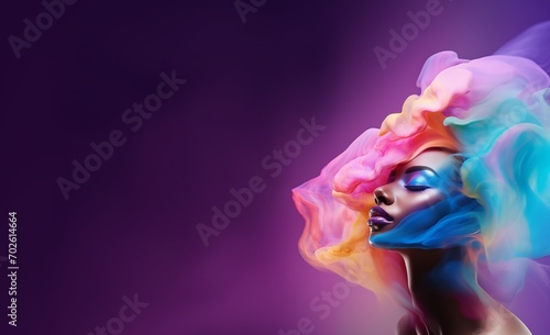 banner with a dark-skinned woman standing in a cloud of multicolored smoke on a purple background, a majestic composition