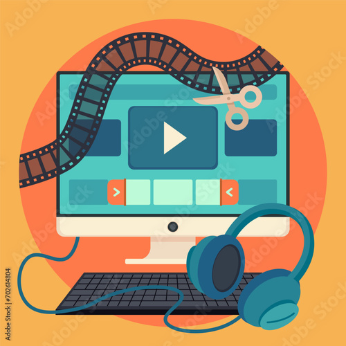 Workplace film editor flat illustration. Computer with headphones, videotape and scissors. The concept of video editing