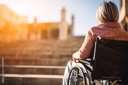 Back view of woman in wheelchair with blurry stairs in background photo