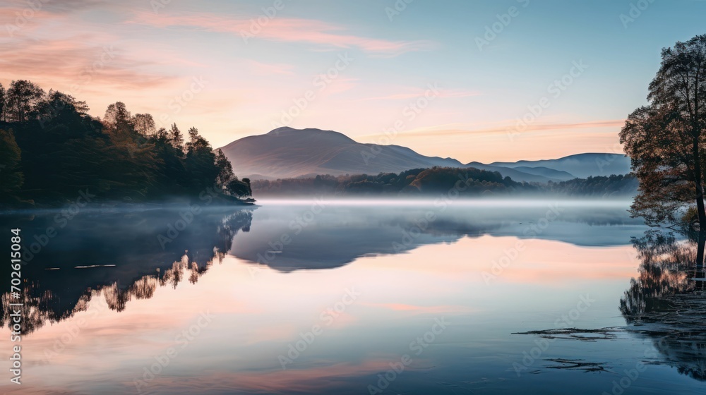 Gentle Sunrise Reflections on Calm Lakeside with Distant Mountain View