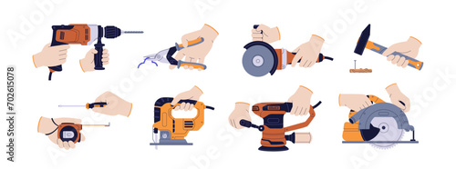 Repair and building tools in hands set. Holding screwdriver, hammering nail, handling pliers, drill, electric jigsaw, construction machines. Flat vector illustrations isolated on white background photo