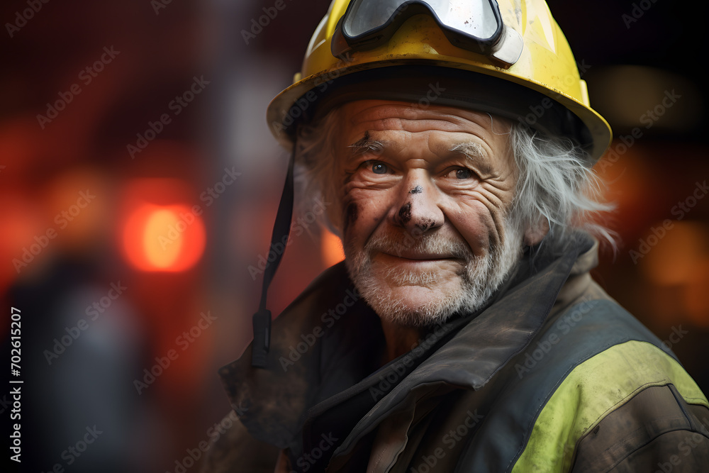 Fototapeta premium Old man with yellow safety helmet working as firefighter. Concept for problems with pushing back statutory retirement age for people in hard labor jobs