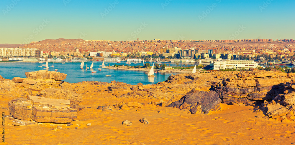 View of Aswan from the West bank of the Nile River. Egypt - obrazy, fototapety, plakaty 