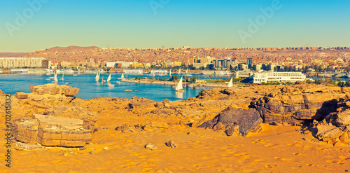 View of Aswan from the West bank of the Nile River. Egypt photo