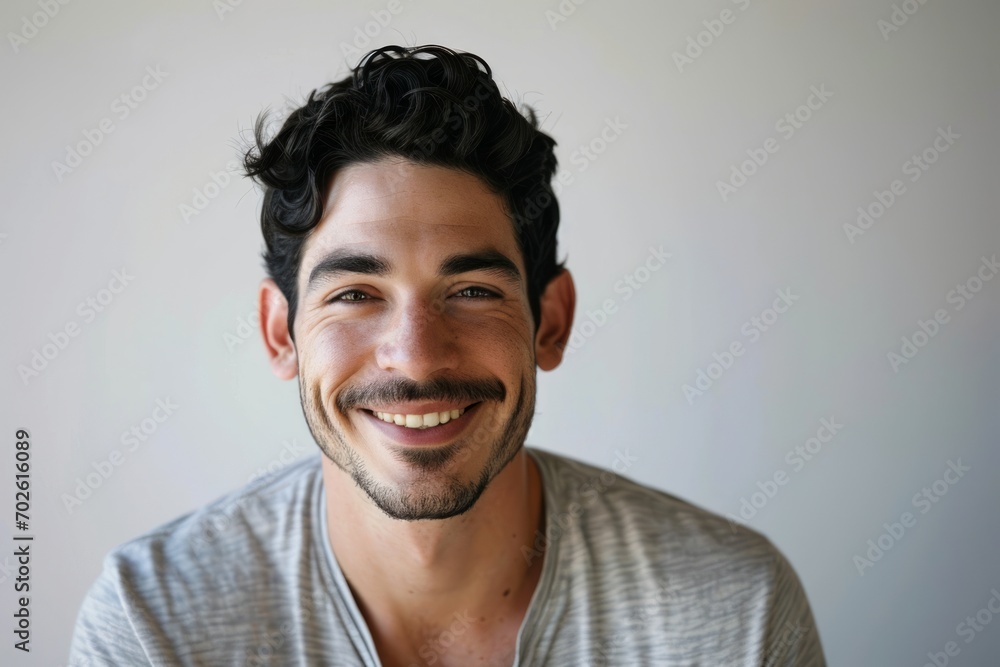Fototapeta premium Portrait of a handsome young man with beard and mustache smiling at the camera