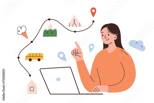 Woman making itinerary online, planning route on laptop, web service for travelers, organizing a trip on computer, hand drawn composition, vector illustrations of cartoon character