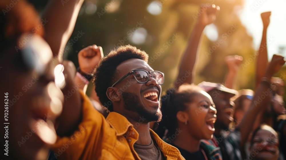 Happy cheering diverse people outdoors, Happy cheering diverse people outdoors,